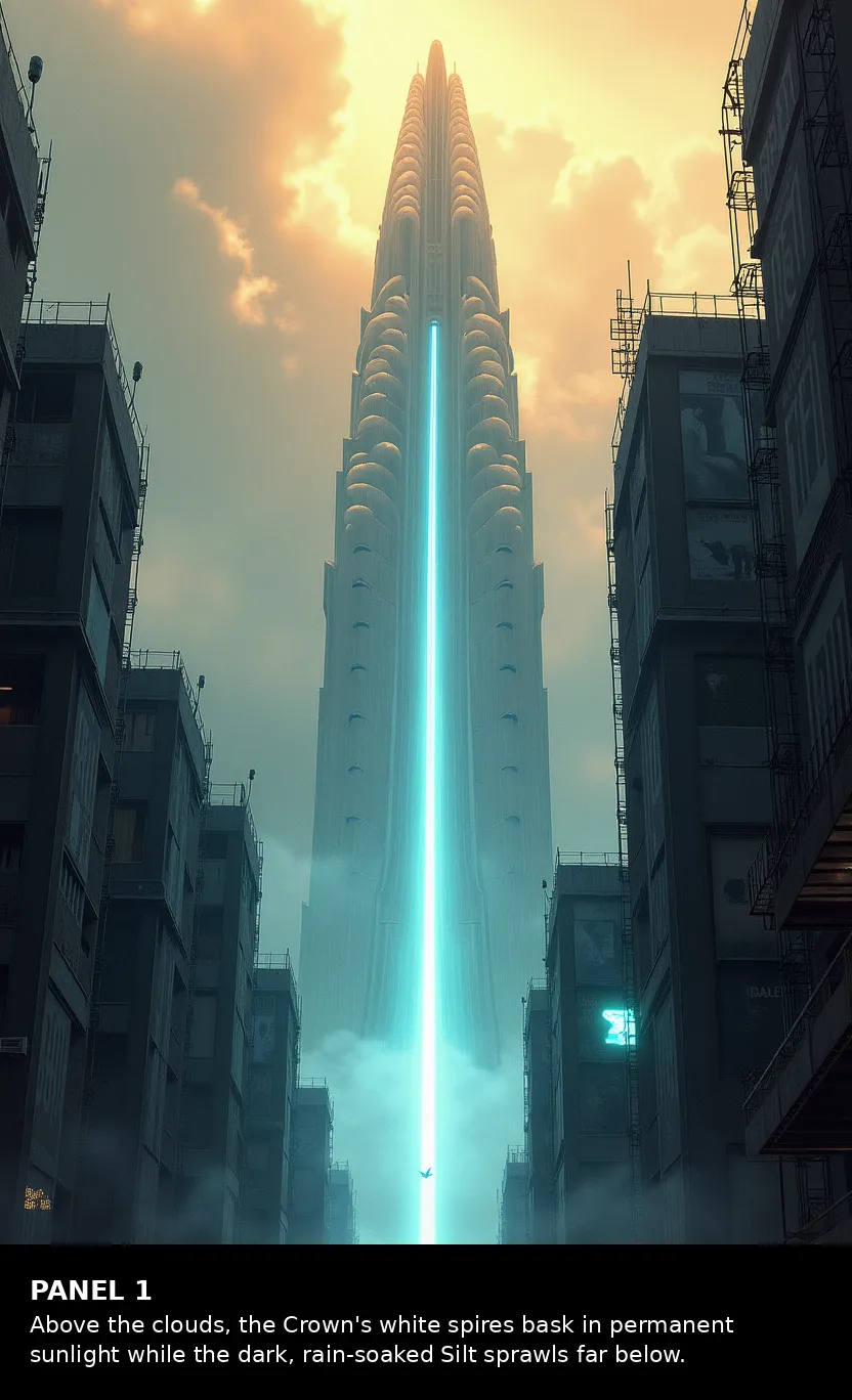 Pre-production storyboard. A white tower rises through clouds into sunlight, with a bright vertical beam and darker buildings below.