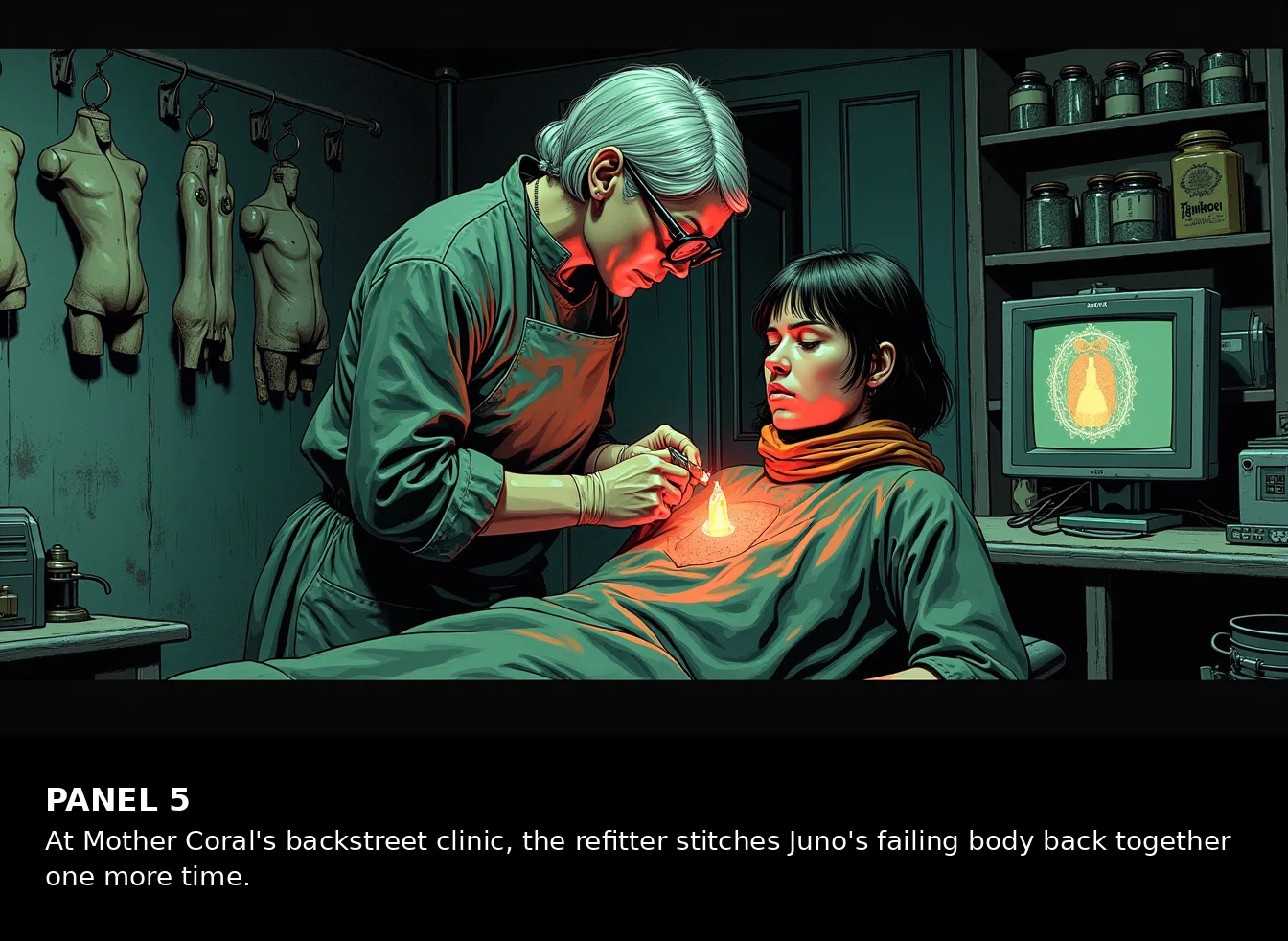 Pre-production storyboard. In a dim clinic, one person tends to another who is lying down, under a red light.