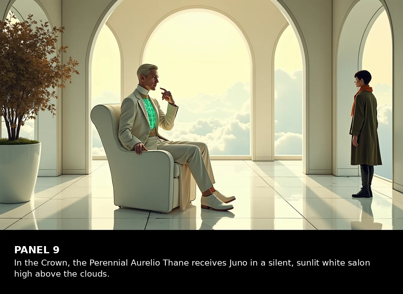 Pre-production storyboard. A bright white room with tall arches above the clouds. One person sits in a pale chair and another stands near an arch.
